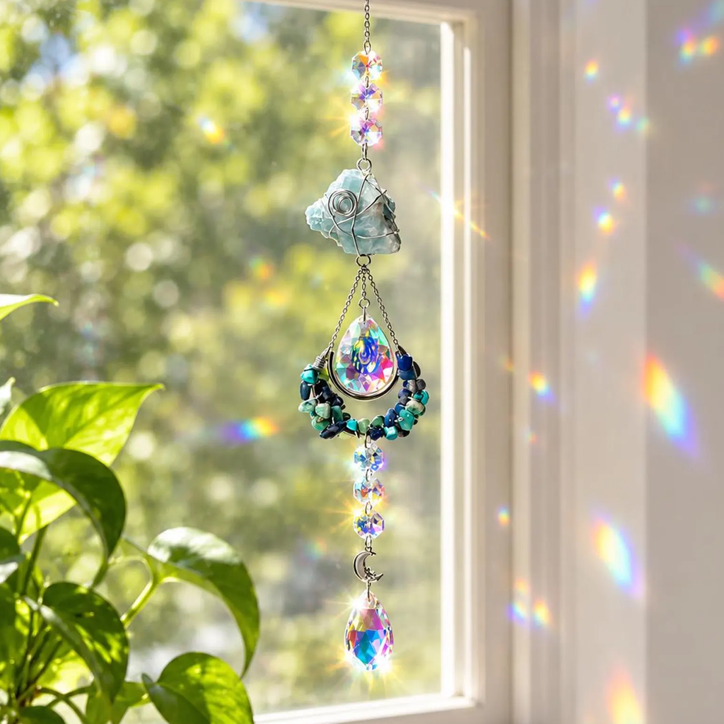 Captator de curcubeu cu piatră de naștere Septembrie, decor boho pentru fereastră