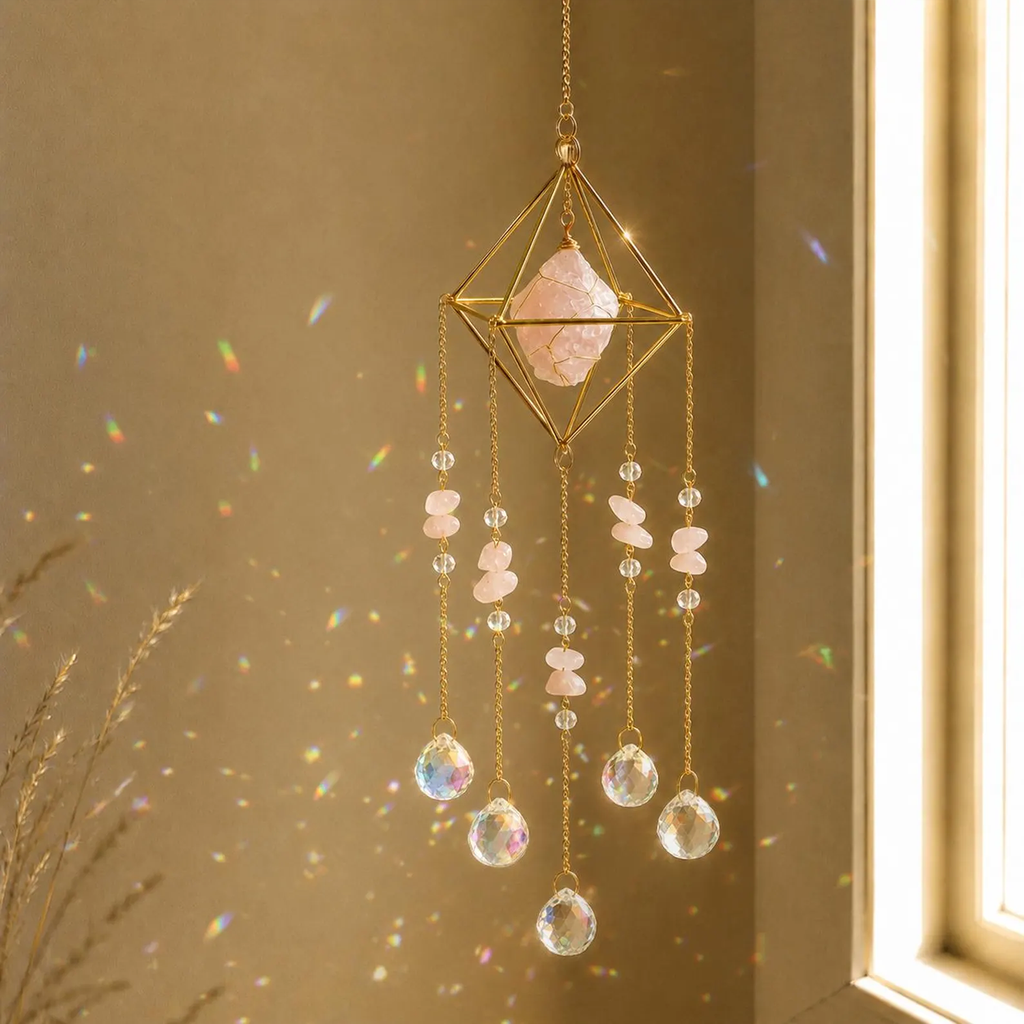 Captator de curcubeu cu cristal și piatră naturală, decor suspendat boho pentru fereastră
