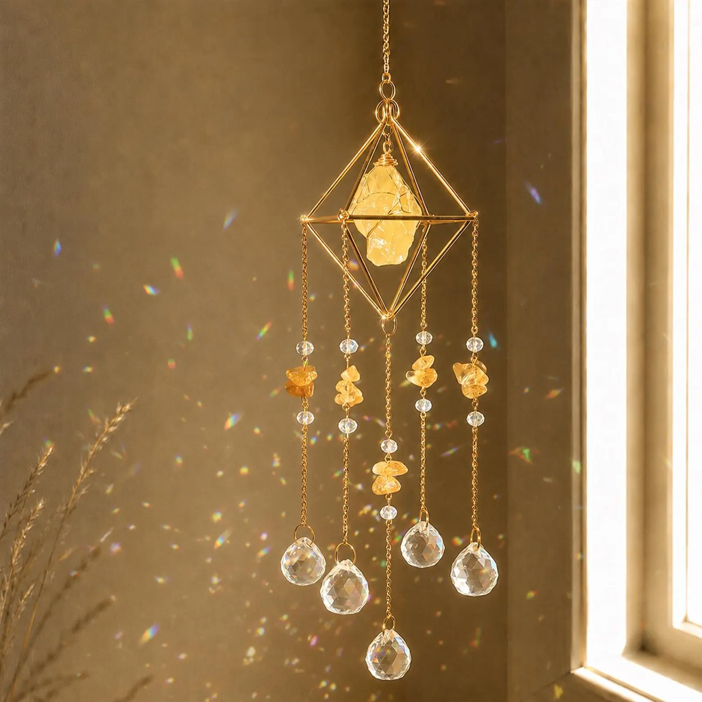 Captator de curcubeu cu cristal și piatră naturală, decor suspendat boho pentru fereastră