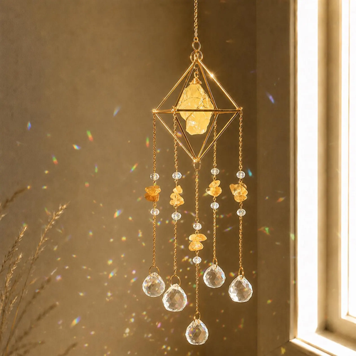 Captator de curcubeu cu cristal și piatră naturală, decor suspendat boho pentru fereastră