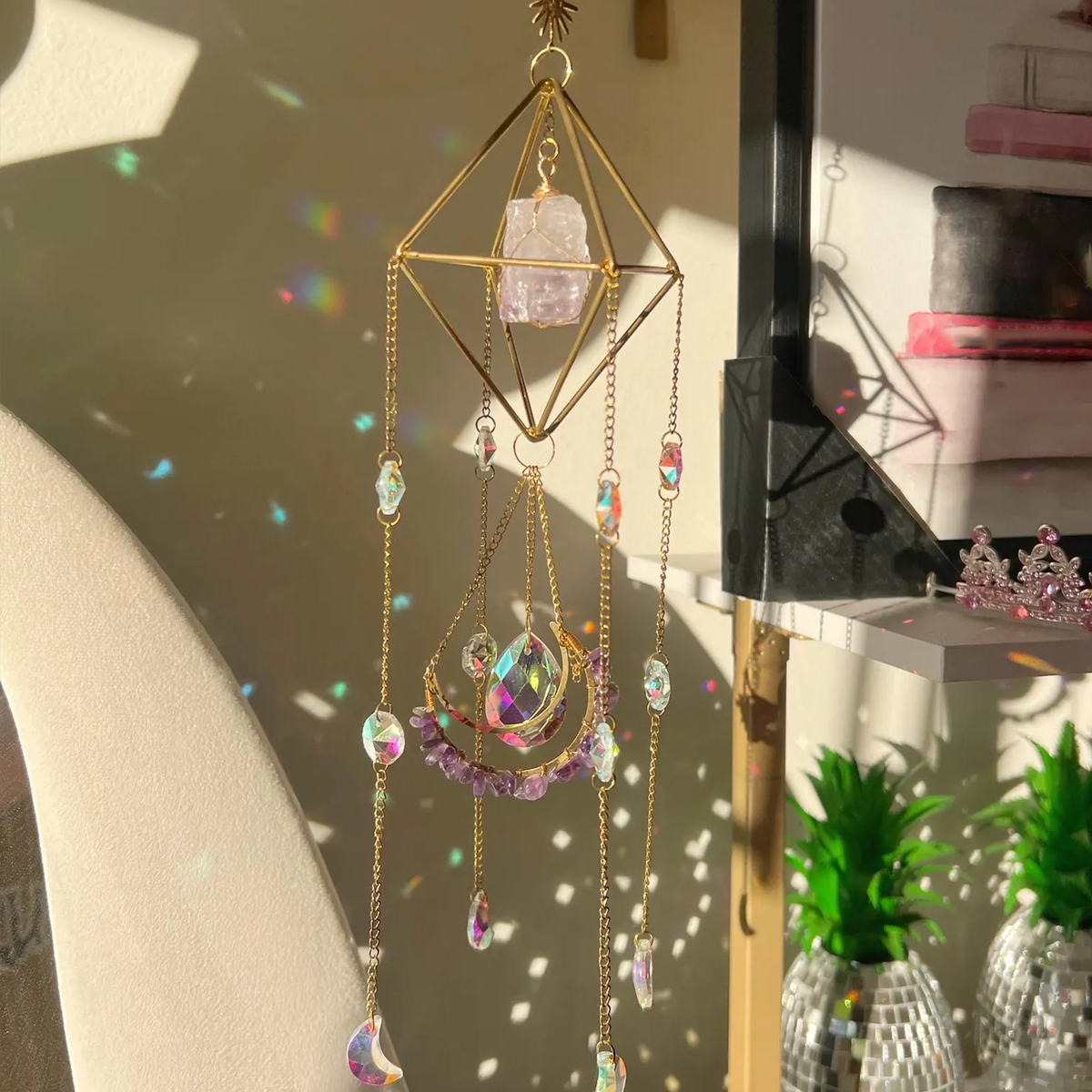 Captator de curcubeu suspendat cu cristale și pietre naturale, decor boho pentru interior