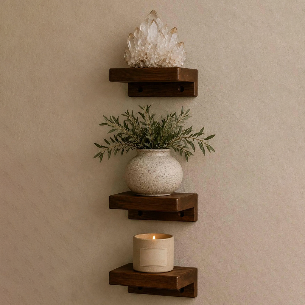 Rafturi mini suspendate din lemn masiv, decor de perete compact pentru obiecte mici raft