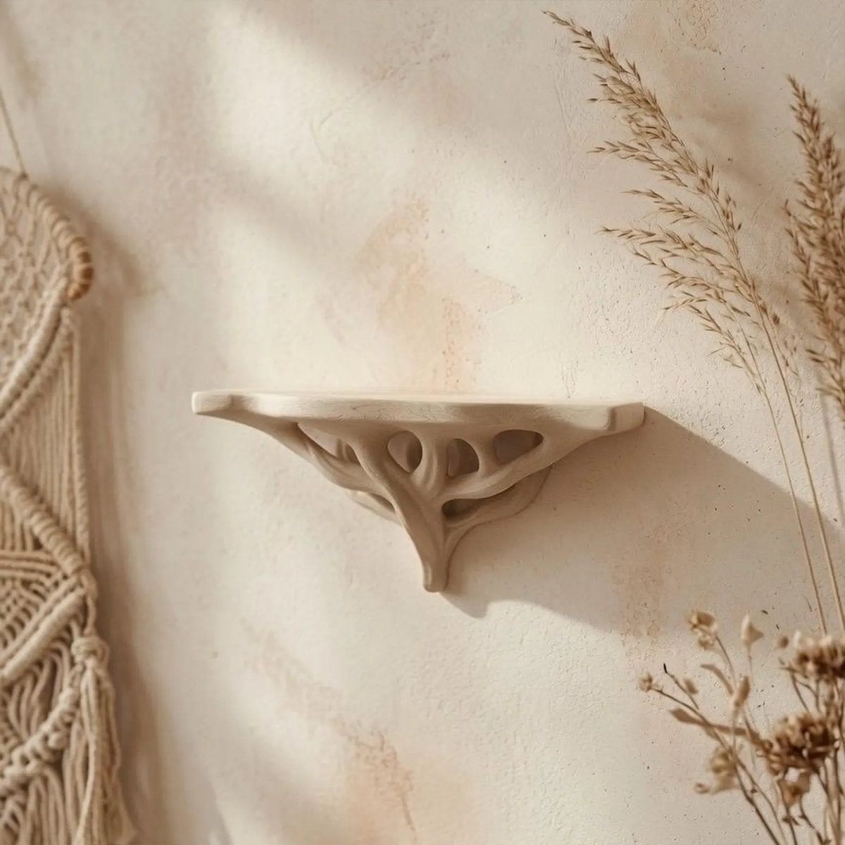 Raft suspendat de perete în formă de rădăcini, decor boho și cottagecore inspirat din natură